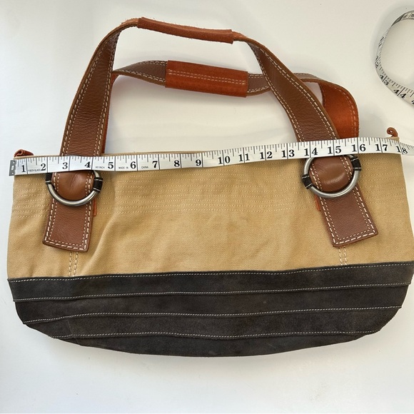 FOSSIL Khaki Canvas Brown Suede with Rust Colored Suede Straps Shoulder Tote Bag - Picture 7 of 11